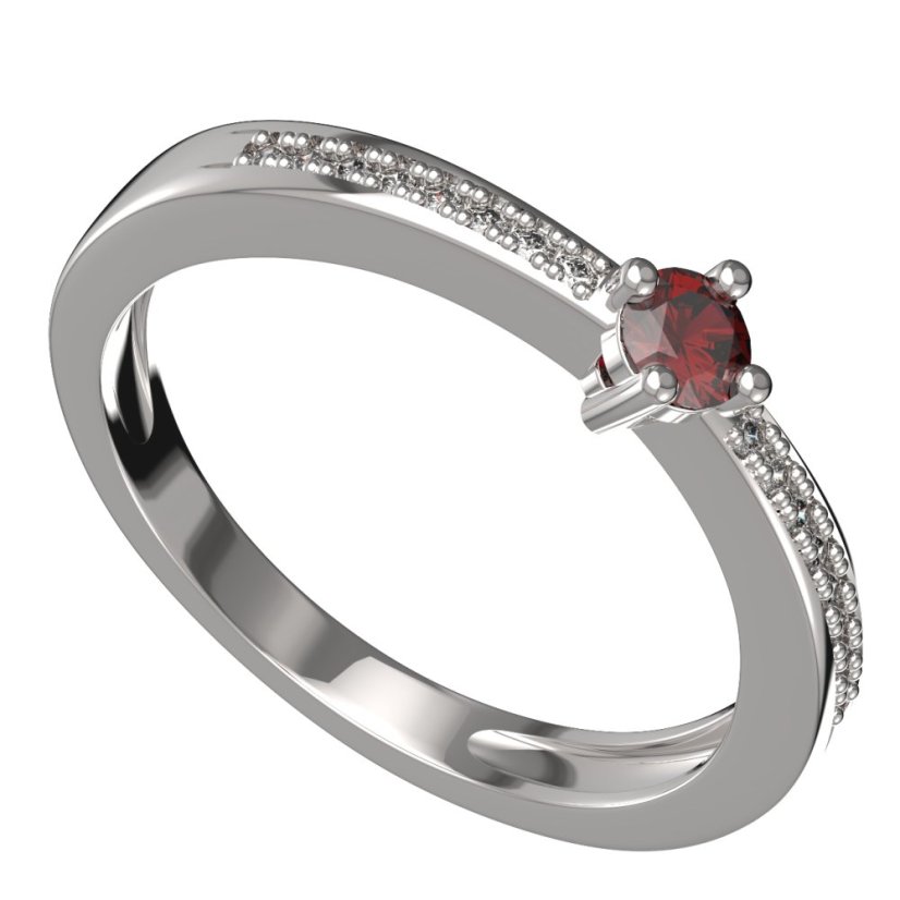Zlatý prsten s českým granátem a diamantem, bílé zlato 585 – 1441