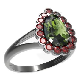 BG prsten kapkovitý kámen 519-V Stříbro 925 - ruthenium (30-90dní) Vltavín a granát