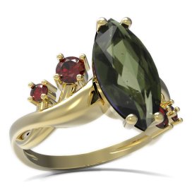 BG prsten s oválným kamenem 481-P Žluté zlato - 585 Vltavín a granát