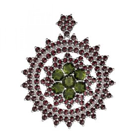 BG brož 230 Bílé zlato - 585 Vltavín a granát