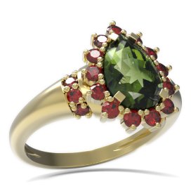 BG prsten kapkovitý kámen 505-K Žluté zlato - 585 Vltavín a granát