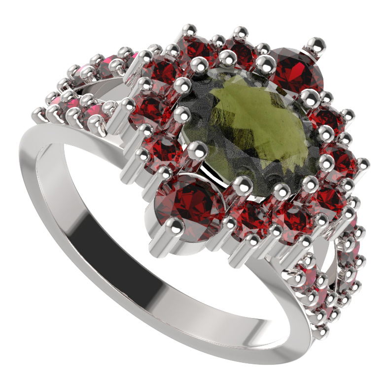 BG prsten oválný 224-Y Bílé zlato - 585 Vltavín a granát