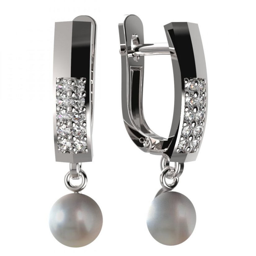 BG zlaté náušnice 1291 s bílou perlou Bílé zlato - 585 Diamant a perla