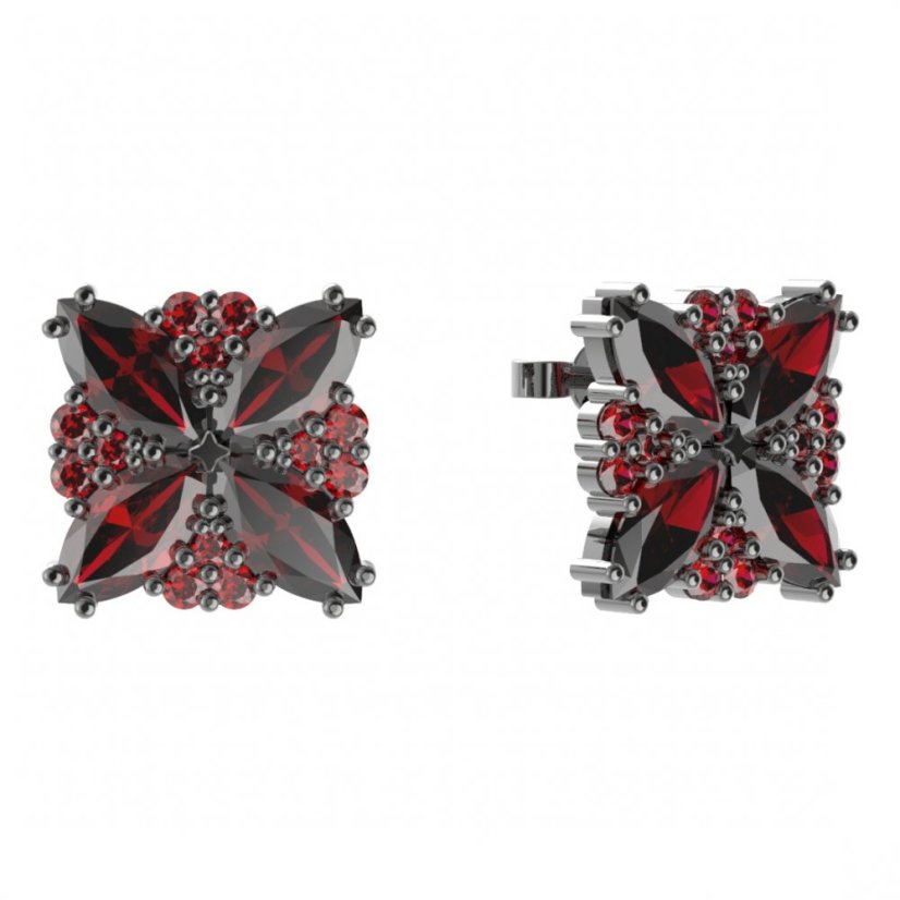 Stříbrné náušnice hvězdička s českým granátem, ruthenium, puzety – 408