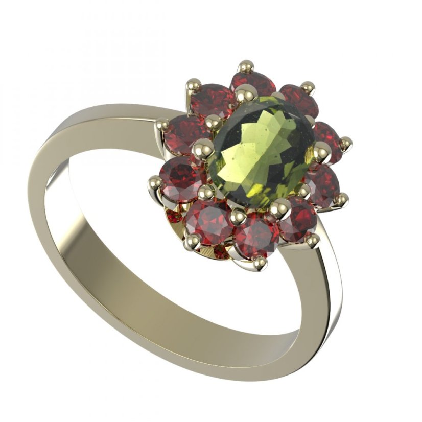 BG prsten oválný 756-I Žluté zlato - 585 Vltavín a granát