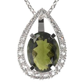 BG přívěs s centrálním oválným kamenem 493-90 Stříbro 925 - rhodium Vltavín a  kubický zirkon