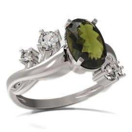 BG prsten s oválným kamenem 492-P Stříbro 925 - rhodium Vltavín a kubický zirkon