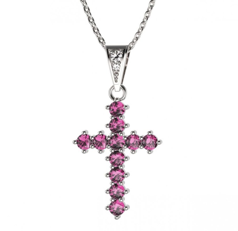 Zlatý přívěsek křížek s růžovým zirkonem, bílé zlato 585 – 258 (ZN442581)