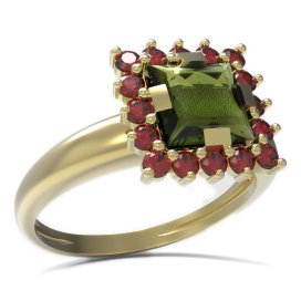 BG prsten s čtvercovým kamenem 499-I Žluté zlato - 585 Vltavín a granát