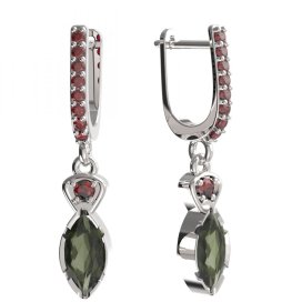 BG náušnice vsazený přírodní granát 915 91 Stříbro 925 - rhodium Vltavín a granát