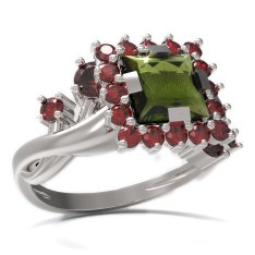 BG prsten s čtvercovým kamenem 499-P Bílé zlato - 585 Vltavín a granát
