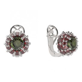 BG náušnice 751-R7 kulaté Stříbro 925 - rhodium Vltavín a granát