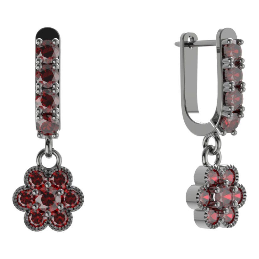Stříbrné náušnice s českým granátem, ruthenium, visací – 140-96