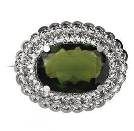 BG brož 485 Bílé zlato - 585 Vltavín a kubický zirkon