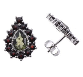 BG náušnice vsazený český granát  106 Stříbro 925 - rhodium Vltavín a granát