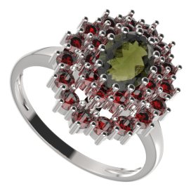 BG prsten oválný 001-I Stříbro 925 - rhodium Vltavín a granát