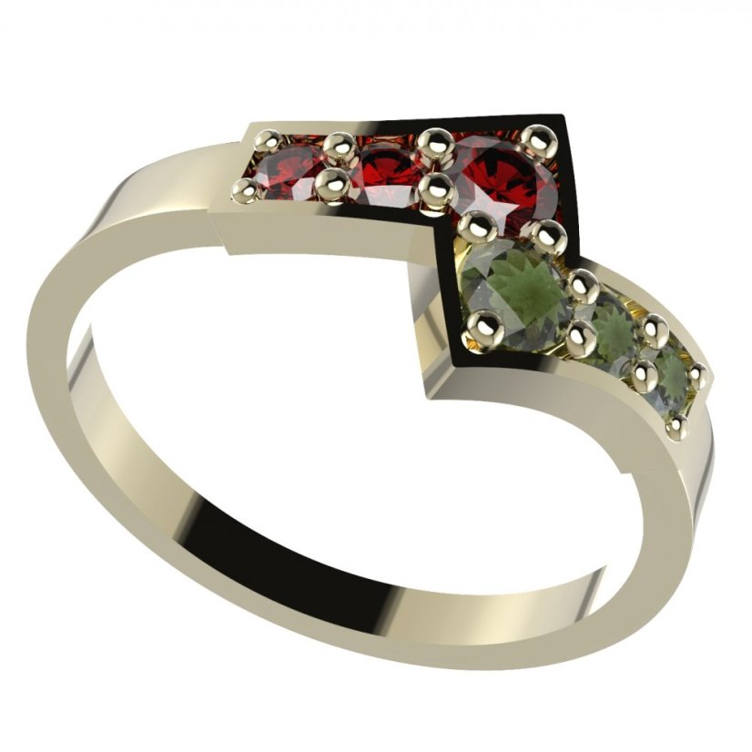 BG prsten přírodní granát nebo vltavín 690 Žluté zlato - 585 Vltavín a granát