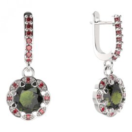 BG náušnice kulaté - 993-84 Stříbro 925 - rhodium Vltavín a granát