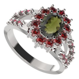 BG prsten oválný 298-Y Bílé zlato - 585 Vltavín a granát