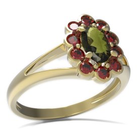 BG prsten oválný kámen 517-V Žluté zlato - 585 Vltavín a granát