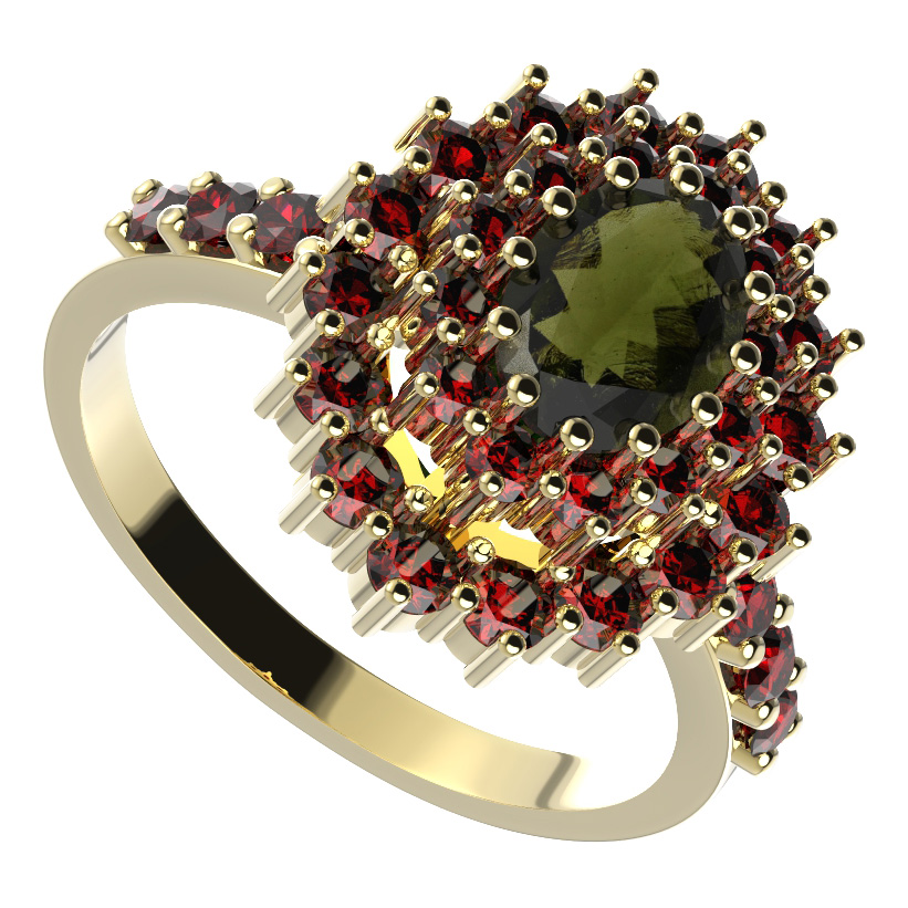 BG prsten 001-Z oválného tvaru Stříbro 925 - pozlacené Vltavín a granát