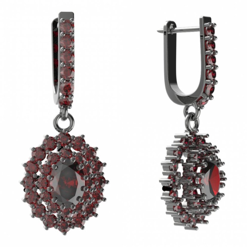 Stříbrné náušnice s českým granátem, ruthenium, visací – 001-94