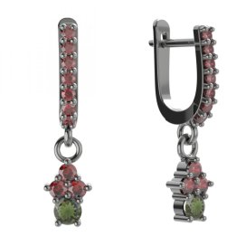 Stříbrné náušnice s vltavínem a českým granátem, ruthenium, visací – 159