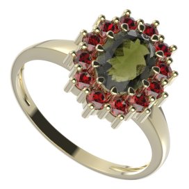 BG prsten oválný 298-I Žluté zlato - 585 Vltavín a granát