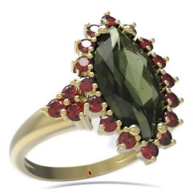 BG prsten s oválným kamenem 513-U Žluté zlato - 585 Vltavín a granát