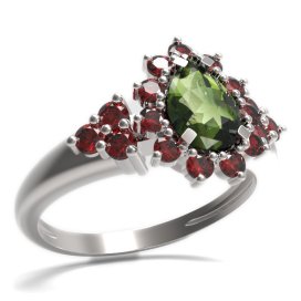 BG prsten s kapkovitým kamenem 509-U Bílé zlato - 585 Vltavín a granát