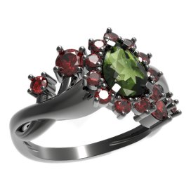 BG prsten s kapkovitým kamenem 509-P Stříbro 925 - ruthenium (30-90dní) Vltavín a granát