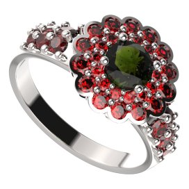BG prsten 463-X kulatého tvaru Stříbro 925 - rhodium Vltavín a granát