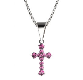 Zlatý přívěsek křížek s růžovým zirkonem, bílé zlato 585 – 256