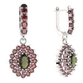 BG oválné náušnice 001-96 Stříbro 925 - rhodium Vltavín a granát