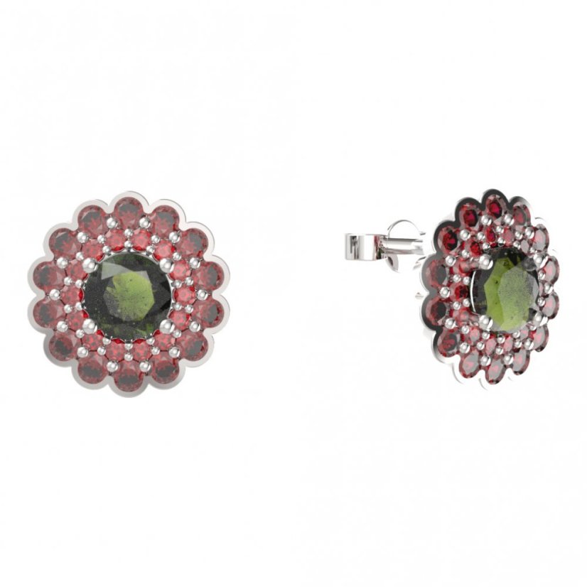 BG náušnice kulaté -  463 Stříbro 925 - rhodium Vltavín a granát