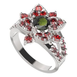 BG prsten oválný 735-Y Bílé zlato - 585 Vltavín a granát