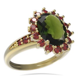 BG prsten oválný kámen 516-J Žluté zlato - 585 Vltavín a granát
