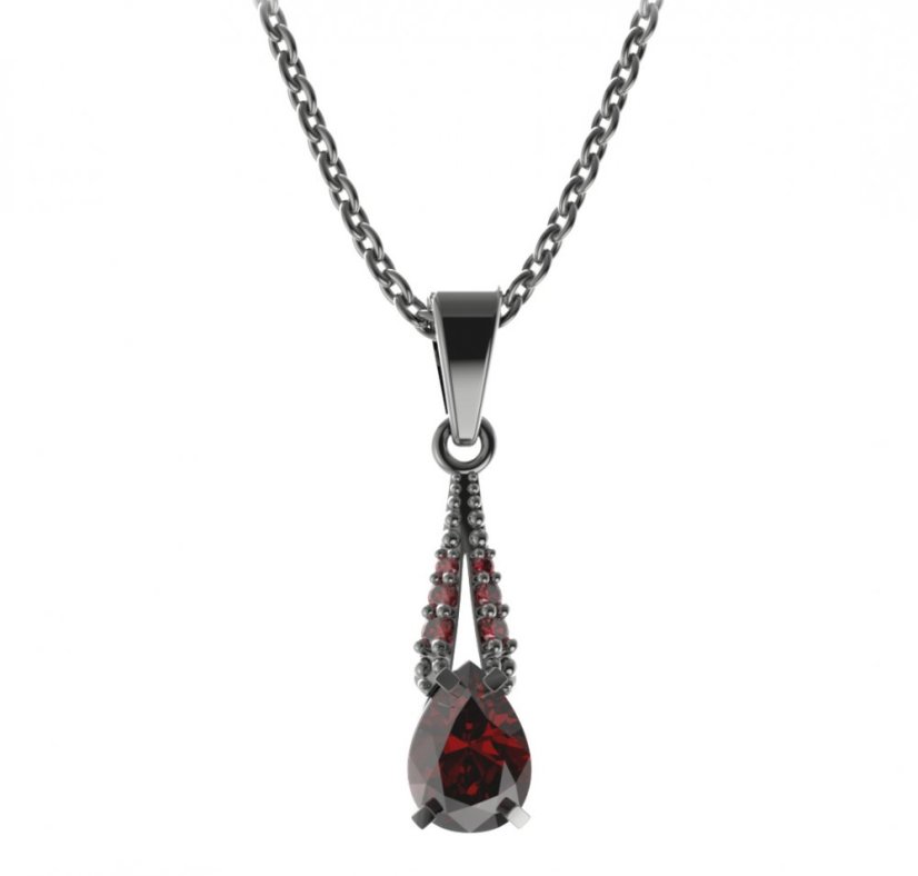 Stříbrný přívěsek kapka s českým granátem, ruthenium – 495-G