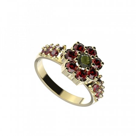 BG prsten 456-X kulatého tvaru - Kov: Stříbro 925 - rhodium, Kámen: Vltavín a granát