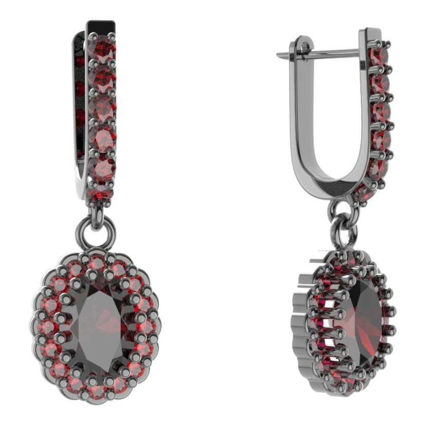 Stříbrné náušnice s českým granátem, ruthenium, visací – 435-94