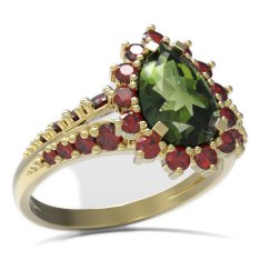 BG prsten s kapkovitým kamenem 505-G Žluté zlato - 585 Vltavín a granát
