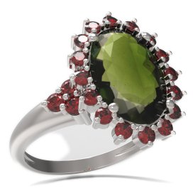 BG prsten s oválným kamenem 507-U Bílé zlato - 585 Vltavín a granát