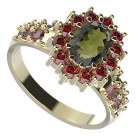 BG prsten 298-X oválného tvaru Žluté zlato - 585 Vltavín a granát