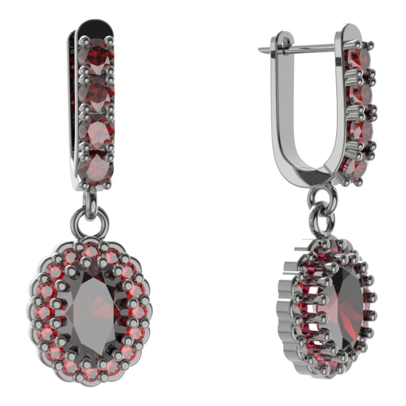 Stříbrné náušnice s českým granátem, ruthenium, visací – 435-96