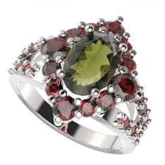 BG prsten oválný 466-Y Bílé zlato - 585 Vltavín a granát
