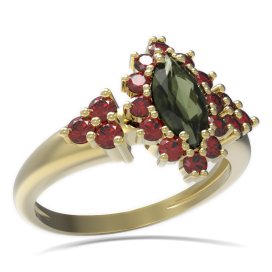 BG prsten s oválným kamenem 504-U Žluté zlato - 585 Vltavín a granát