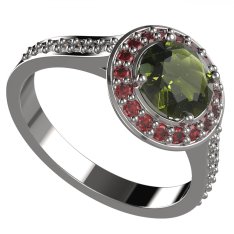 BG zlatý a stříbrný prstýnek 1469 Bílé zlato - 585 Vltavín a granát