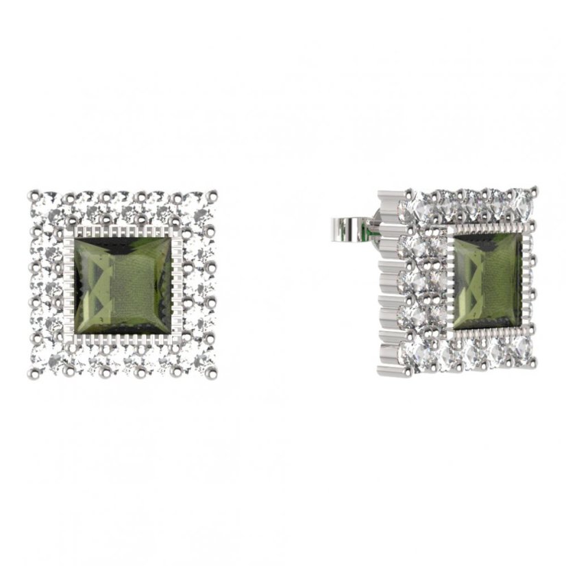 BG náušnice čtverec -  099 Stříbro 925 - rhodium Vltavín a  kubický zirkon