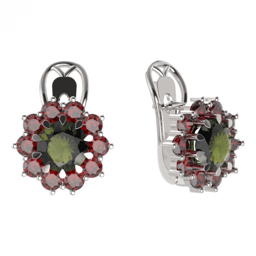 BG  náušnice 011-R7 kulaté Stříbro 925 - rhodium Vltavín a granát