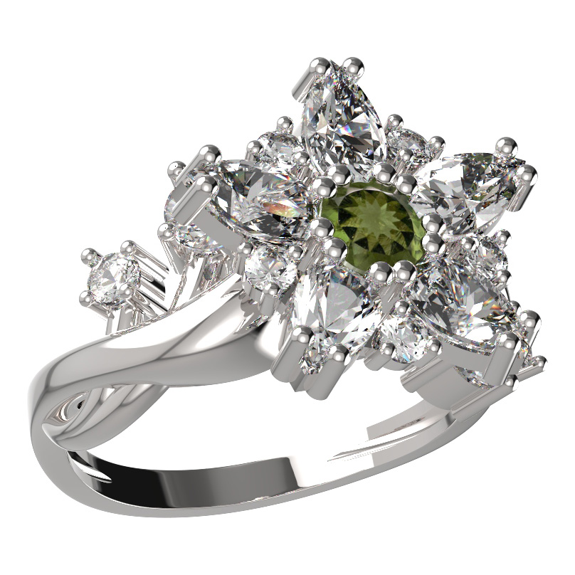 BG prsten ve tvaru hvězdy 521-P Bílé zlato - 585 Vltavín a  kubický zirkon